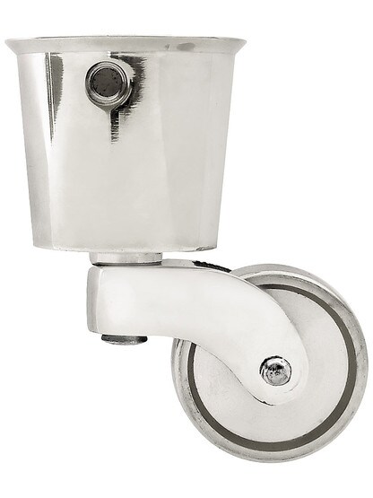 Large Solid Brass Round Cup Caster with 1 1/4 inch Brass Wheel in Polished Nickel.